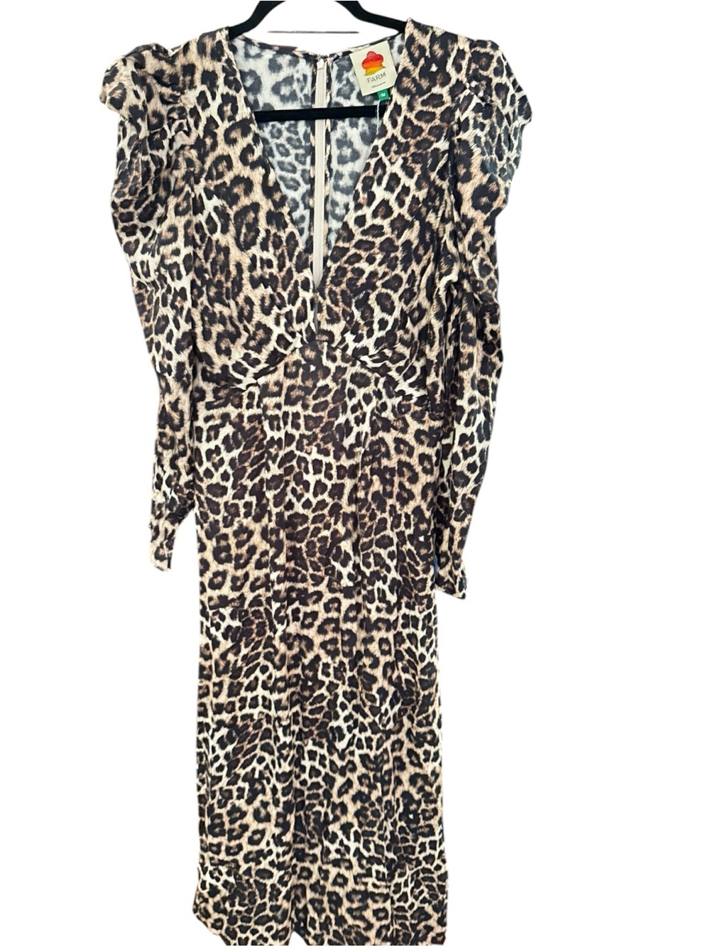 Farm Rio Natural Skin Cream Leopard Midi Dress Puff Sleeve V-Neck NWT Size M - Picture 3 of 7